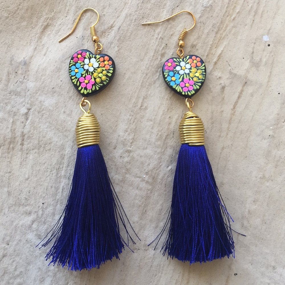Mexican hand painted earrings with tassels 3” long